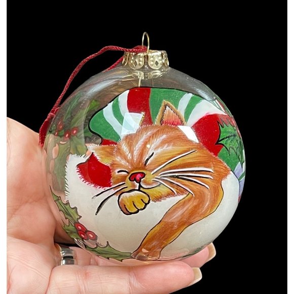 Inside Art By Figi Sleeping Tabby Cat Christmas Hand Painted Ornament w/ Box - Picture 1 of 5